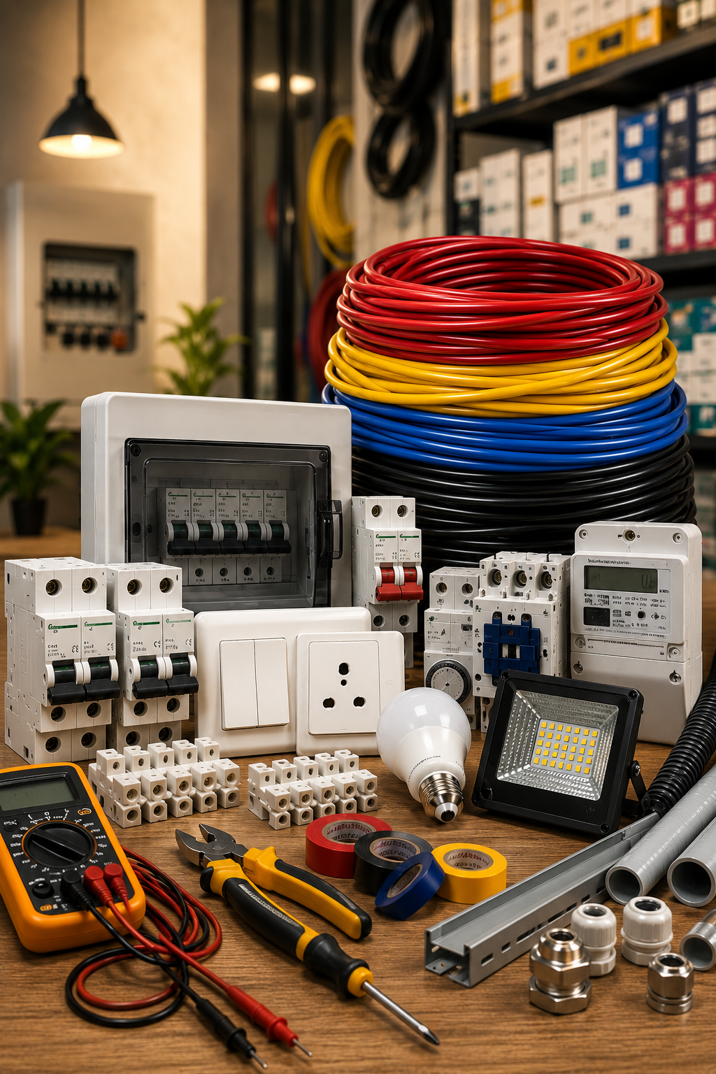Electrical cables, breakers, switches, lighting and hardware tools